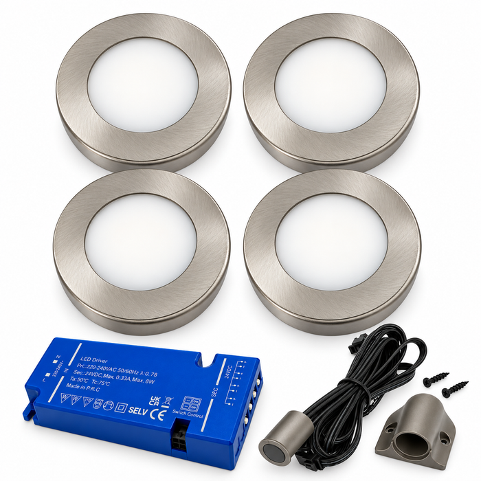 4x 24V Dimmable Aluminium Round Surface Mounted LED Under Cabinet Light and Driver Kit, 3 White Colours
