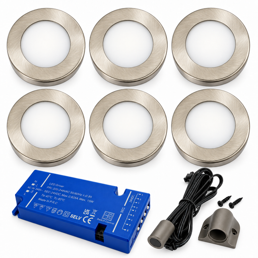 6x 24V Dimmable Aluminium Round Surface Mounted LED Under Cabinet Light and Driver Kit, 3 White Colours