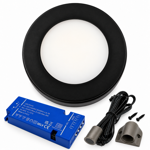 1x 24V Dimmable Black Round Surface Mounted LED Under Cabinet Light and Driver Kit, 3 White Colours