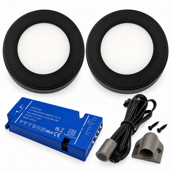 2x 24V Dimmable Black Round Surface Mounted LED Under Cabinet Light and Driver Kit, 3 White Colours