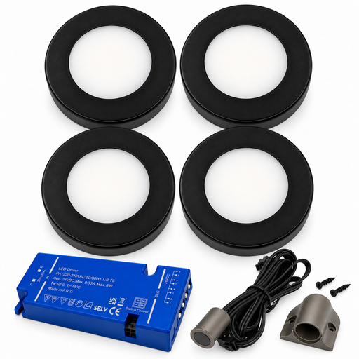 4x 24V Dimmable Black Round Surface Mounted LED Under Cabinet Light and Driver Kit, 3 White Colours
