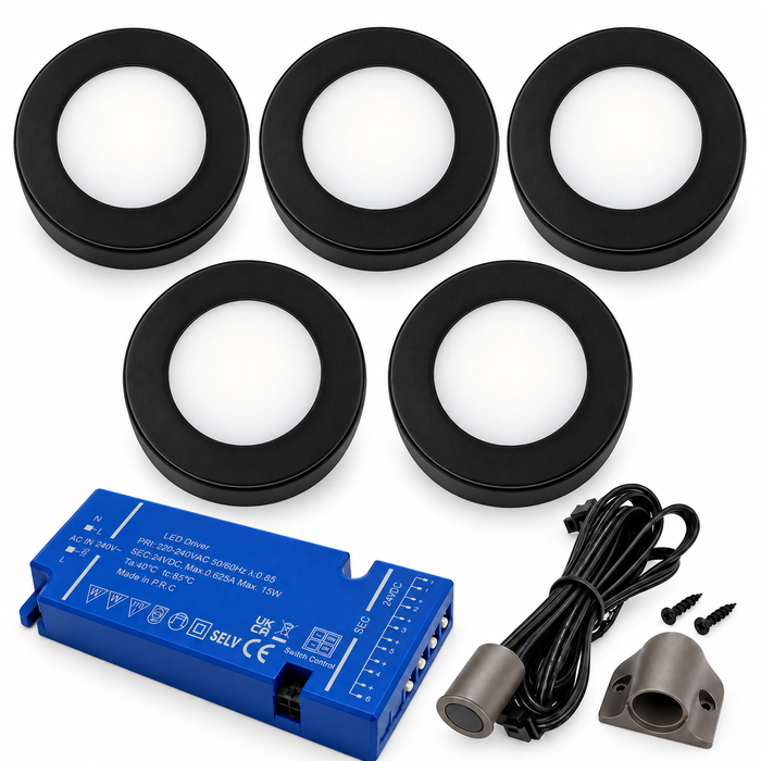 5x 24V Dimmable Black Round Surface Mounted LED Under Cabinet Light and Driver Kit, 3 White Colours