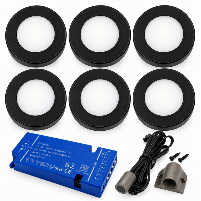 6x 24V Dimmable Black Round Surface Mounted LED Under Cabinet Light and Driver Kit, 3 White Colours