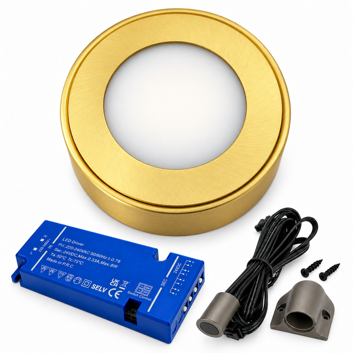 1x 24V Dimmable Brass Round Surface Mounted LED Under Cabinet Light and Driver Kit, 3 White Colours