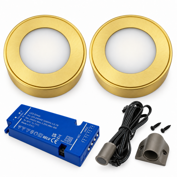 2x 24V Dimmable Brass Round Surface Mounted LED Under Cabinet Light and Driver Kit, 3 White Colours