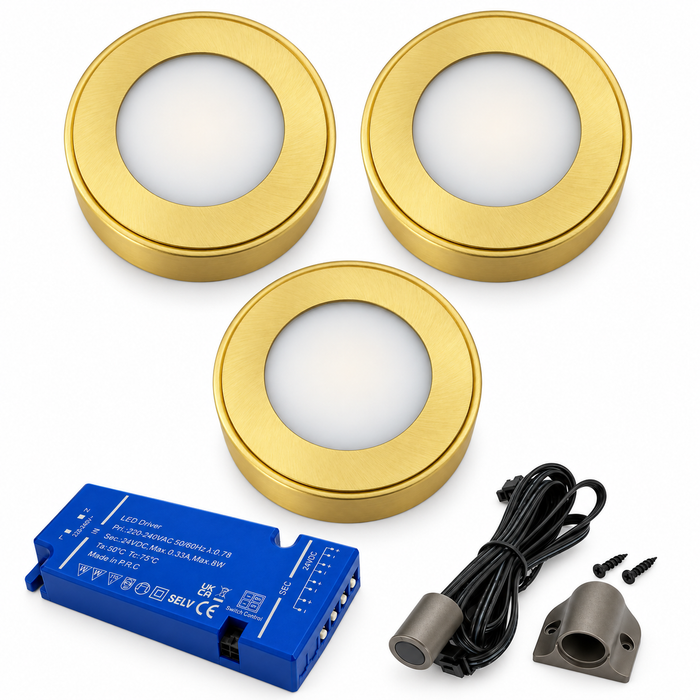 3x 24V Dimmable Brass Round Surface Mounted LED Under Cabinet Light and Driver Kit, 3 White Colours