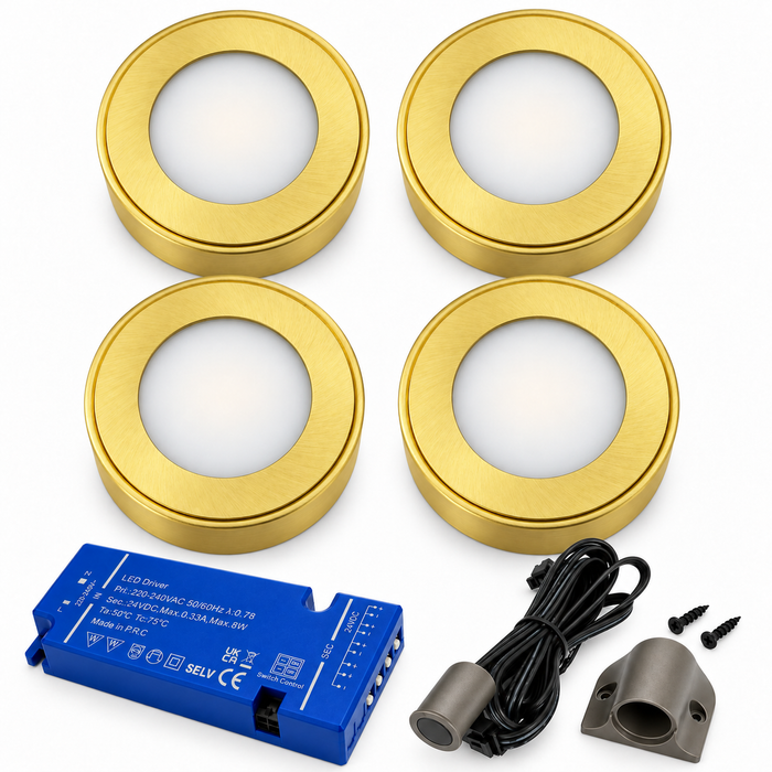 4x 24V Dimmable Brass Round Surface Mounted LED Under Cabinet Light and Driver Kit, 3 White Colours
