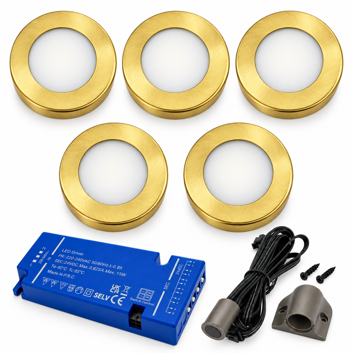5x 24V Dimmable Brass Round Surface Mounted LED Under Cabinet Light and Driver Kit, 3 White Colours
