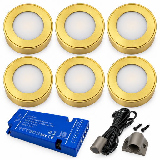 6x 24V Dimmable Brass Round Surface Mounted LED Under Cabinet Light and Driver Kit, 3 White Colours
