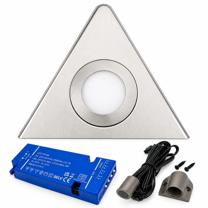 1x 24V Dimmable Aluminium Triangle Surface Mounted LED Under Cabinet Light and Driver Kit, 3 White Colours