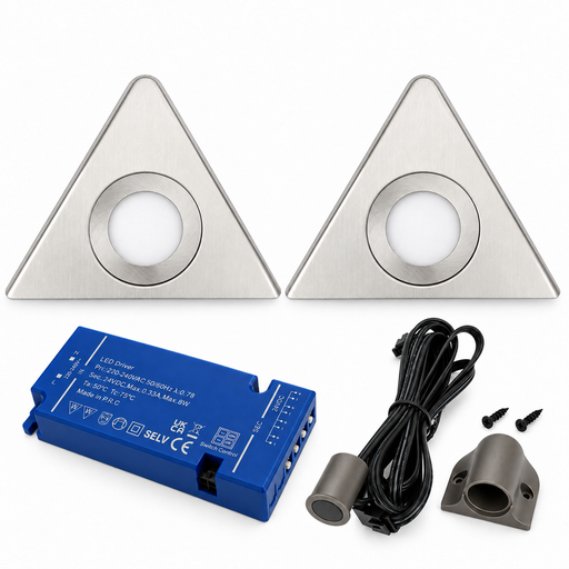 2x 24V Dimmable Aluminium Triangle Surface Mounted LED Under Cabinet Light and Driver Kit, 3 White Colours