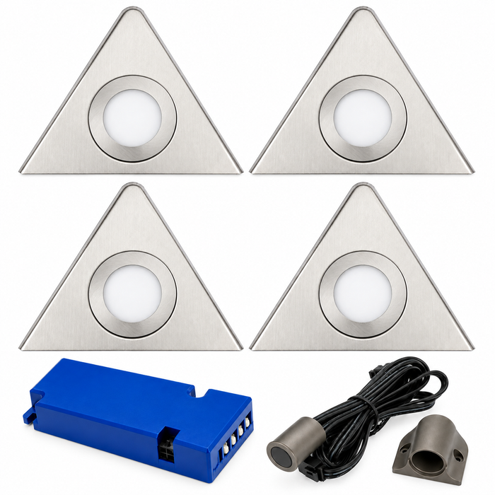 4x 24V Dimmable Aluminium Triangle Surface Mounted LED Under Cabinet Light and Driver Kit, 3 White Colours