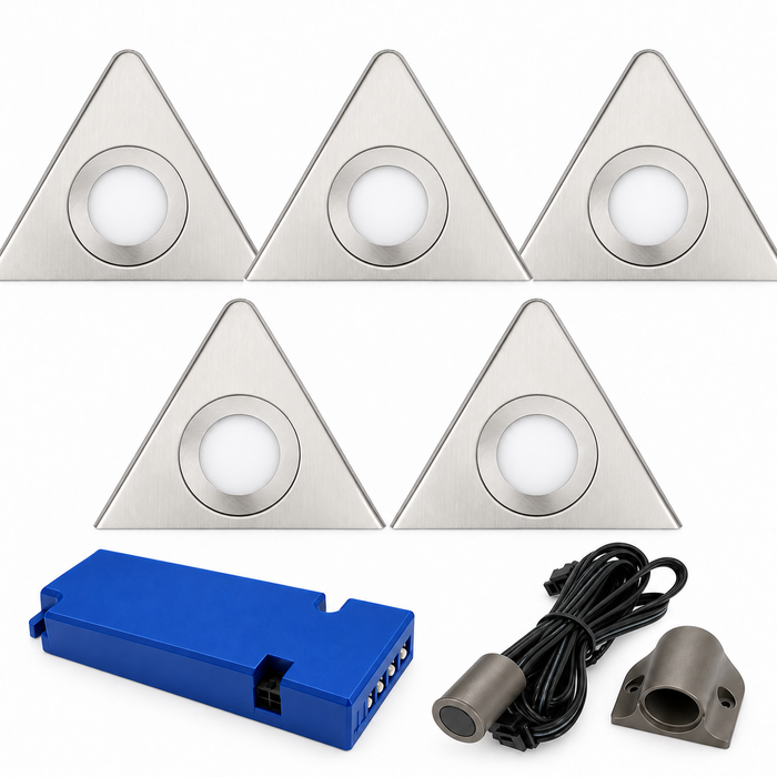 5x 24V Dimmable Aluminium Triangle Surface Mounted LED Under Cabinet Light and Driver Kit, 3 White Colours