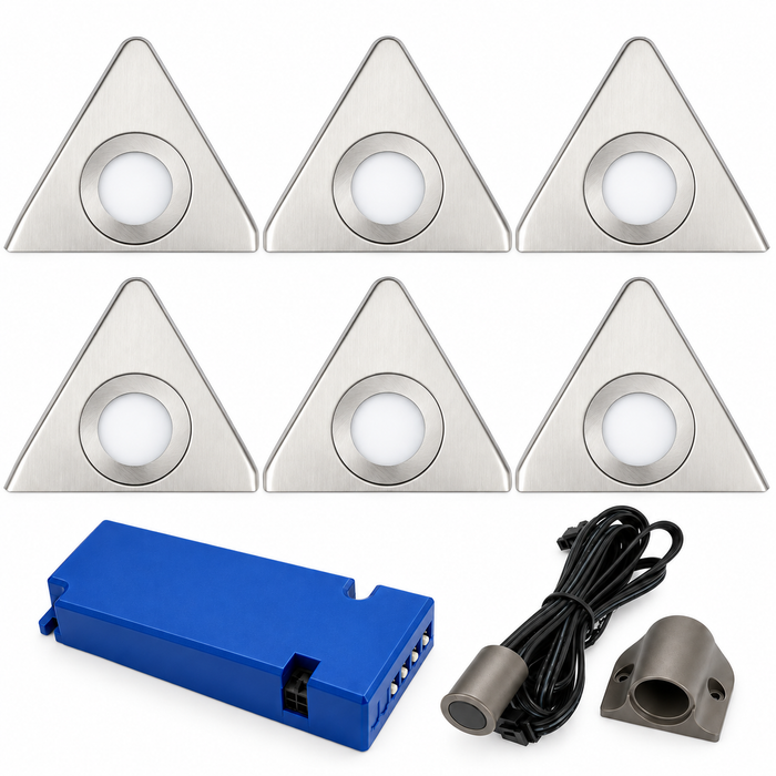 6x 24V Dimmable Aluminium Triangle Surface Mounted LED Under Cabinet Light and Driver Kit, 3 White Colours