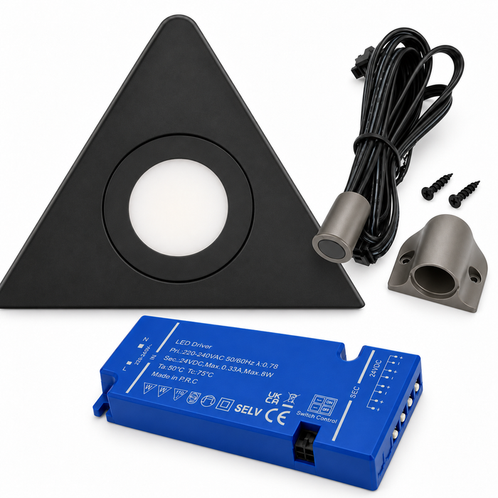 1x 24V Dimmable Black Triangle Surface Mounted LED Under Cabinet Light and Driver Kit, 3 White Colours