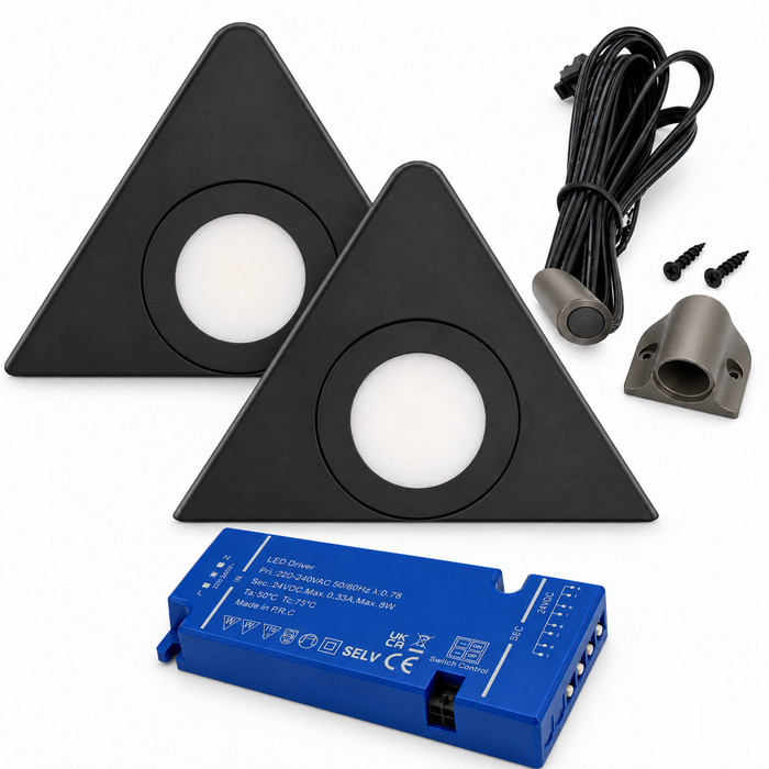2x 24V Dimmable Black Triangle Surface Mounted LED Under Cabinet Light and Driver Kit, 3 White Colours