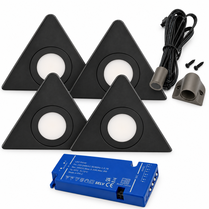 4x 24V Dimmable Black Triangle Surface Mounted LED Under Cabinet Light and Driver Kit, 3 White Colours
