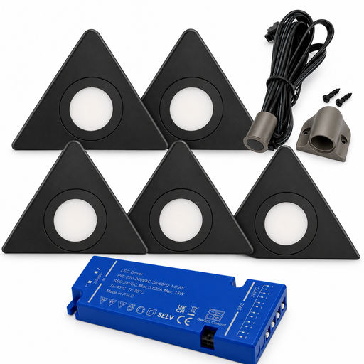 5x 24V Dimmable Black Triangle Surface Mounted LED Under Cabinet Light and Driver Kit, 3 White Colours