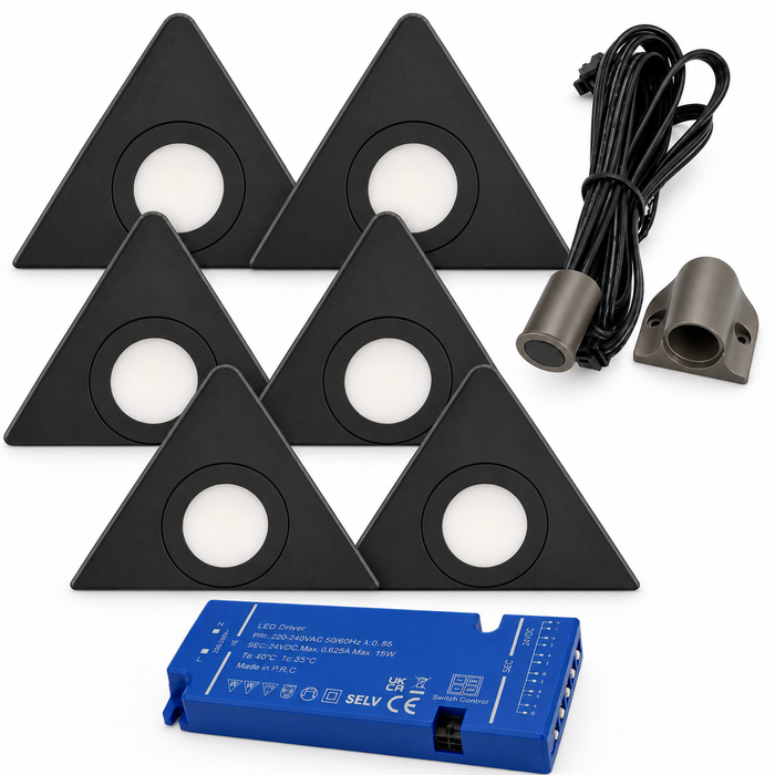 6x 24V Dimmable Black Triangle Surface Mounted LED Under Cabinet Light and Driver Kit, 3 White Colours