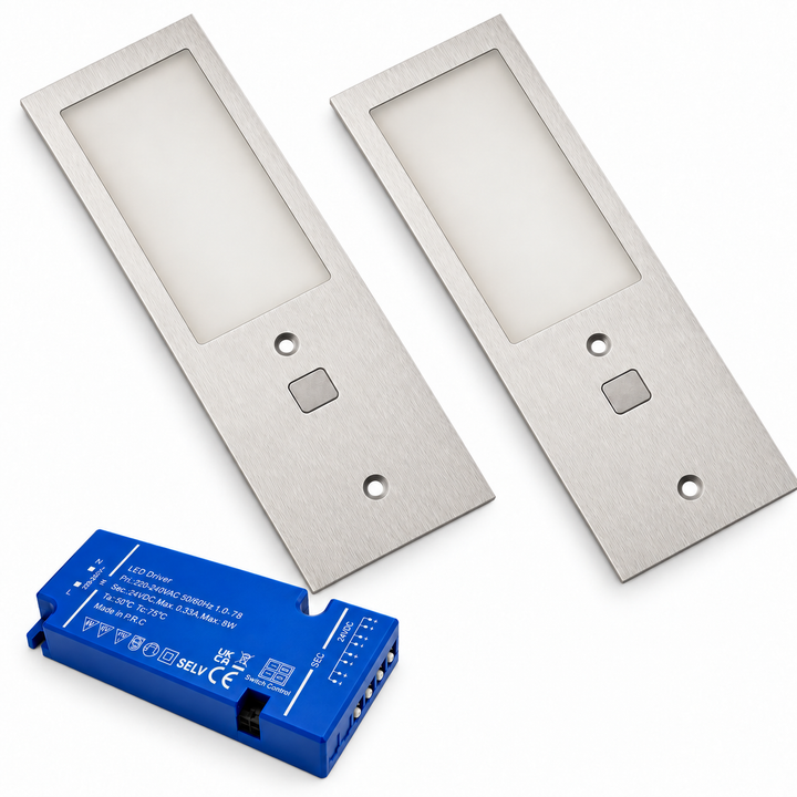 2x 24V Aluminium 175mm Super Slim Rectangle Surface Mounted LED Under Cabinet Light and Driver Kit, 3 White Colours