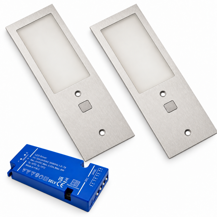 2x 24V Aluminium 175mm Super Slim Rectangle Surface Mounted LED Under Cabinet Light and Driver Kit, 3 White Colours