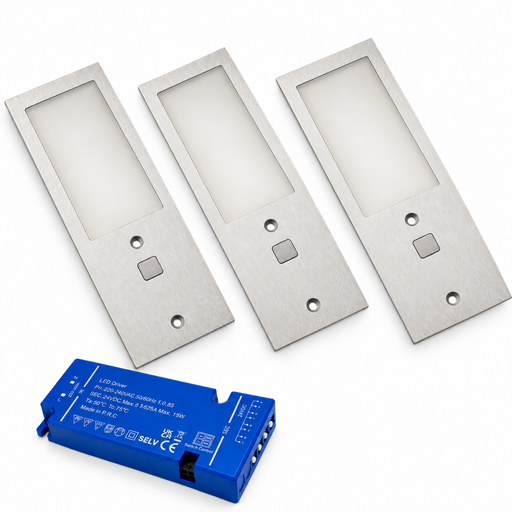 3x 24V Aluminium 175mm Super Slim Rectangle Surface Mounted LED Under Cabinet Light and Driver Kit, 3 White Colours