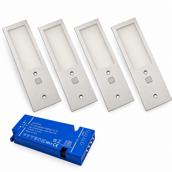 4x 24V Aluminium 175mm Super Slim Rectangle Surface Mounted LED Under Cabinet Light and Driver Kit, 3 White Colours