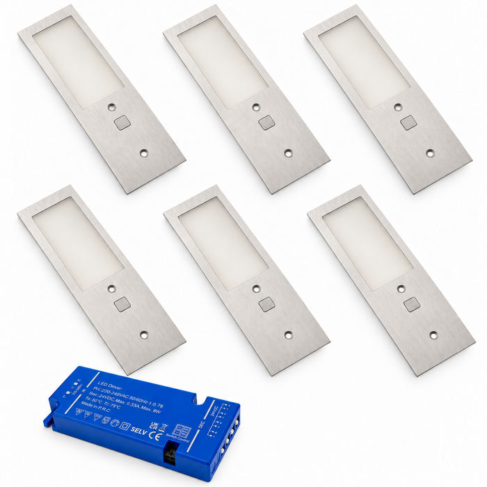 6x 24V Aluminium 175mm Super Slim Rectangle Surface Mounted LED Under Cabinet Light and Driver Kit, 3 White Colours