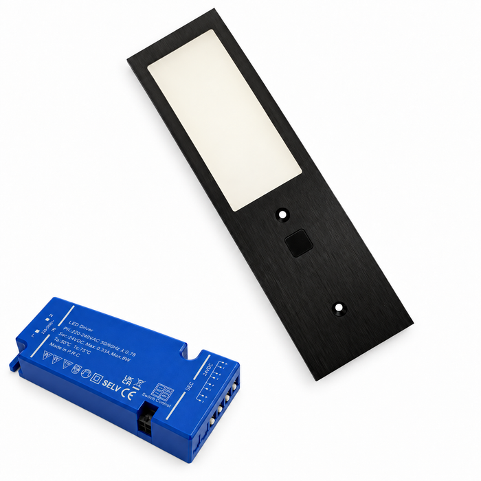 1x 24V Black 175mm Super Slim Rectangle Surface Mounted LED Under Cabinet Light and Driver Kit, 3 White Colours