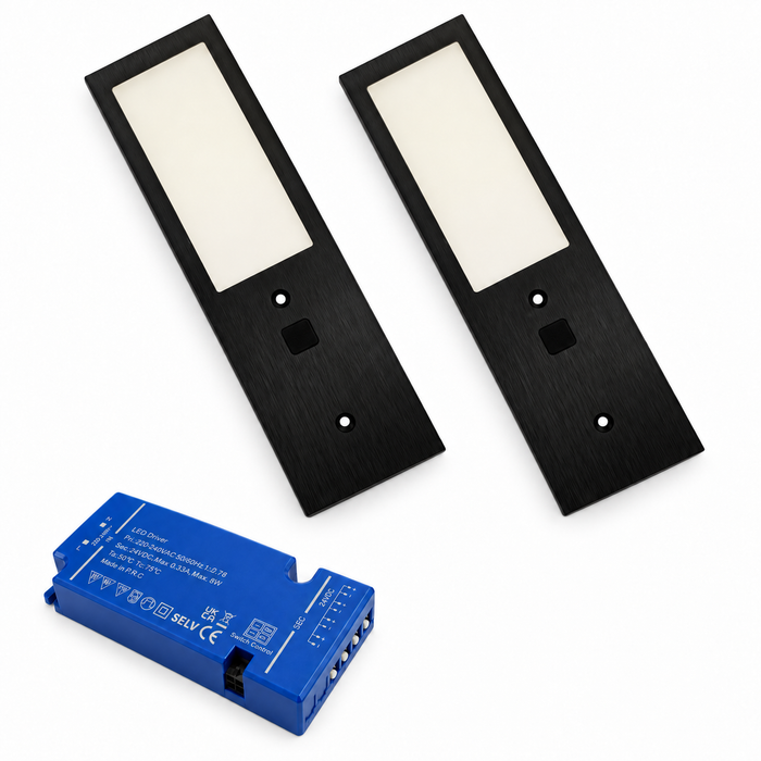 2x 24V Black 175mm Super Slim Rectangle Surface Mounted LED Under Cabinet Light and Driver Kit, 3 White Colours