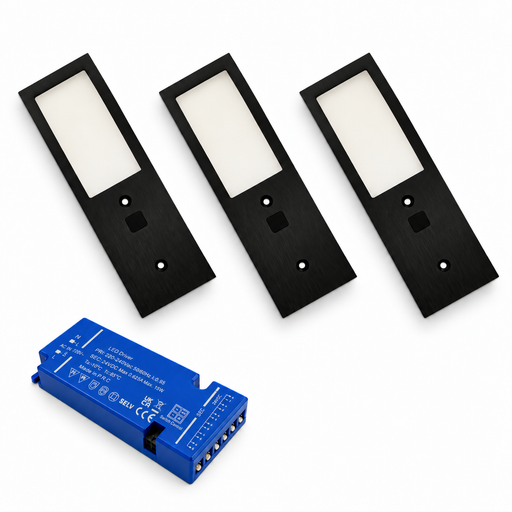 3x 24V Black 175mm Super Slim Rectangle Surface Mounted LED Under Cabinet Light and Driver Kit, 3 White Colours