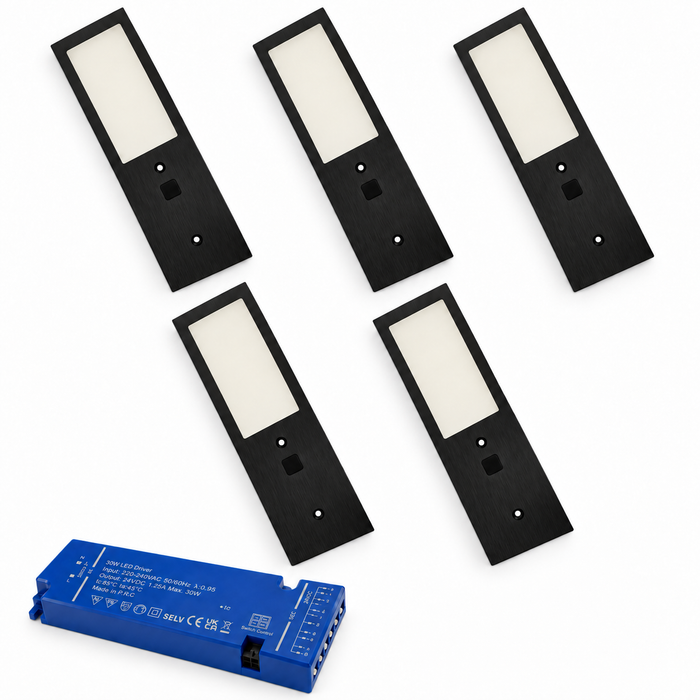 5x 24V Black 175mm Super Slim Rectangle Surface Mounted LED Under Cabinet Light and Driver Kit, 3 White Colours