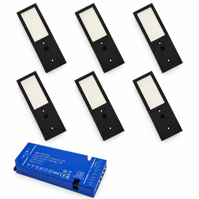 6x 24V Black 175mm Super Slim Rectangle Surface Mounted LED Under Cabinet Light and Driver Kit, 3 White Colours