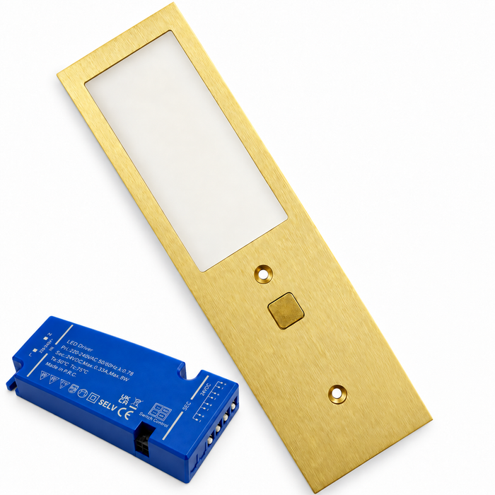1x 24V Brass 175mm Super Slim Rectangle Surface Mounted LED Under Cabinet Light and Driver Kit, 3 White Colours