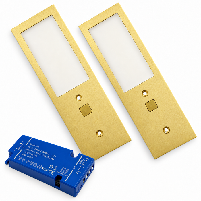 2x 24V Brass 175mm Super Slim Rectangle Surface Mounted LED Under Cabinet Light and Driver Kit, 3 White Colours