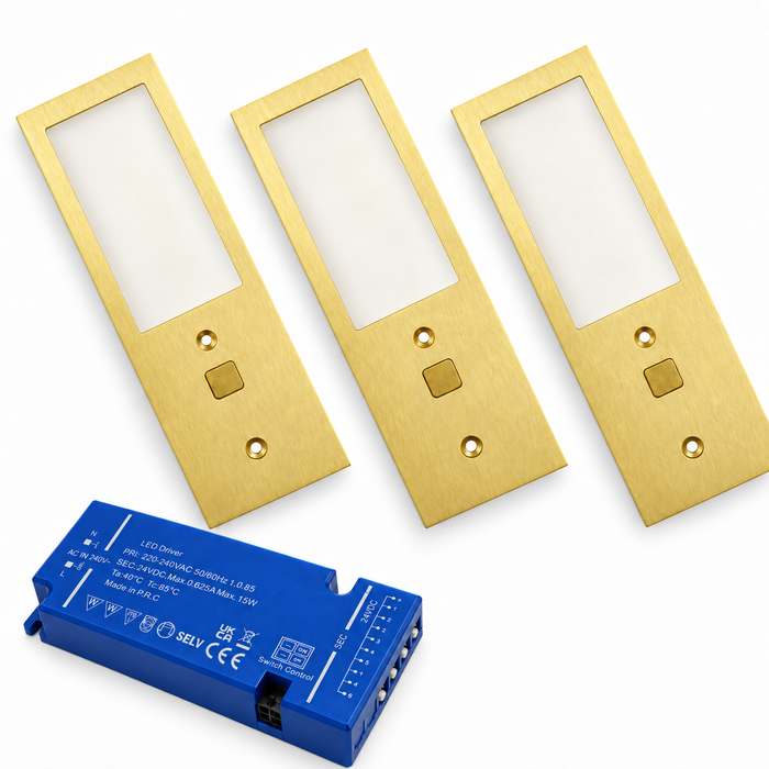 3x 24V Brass 175mm Super Slim Rectangle Surface Mounted LED Under Cabinet Light and Driver Kit, 3 White Colours