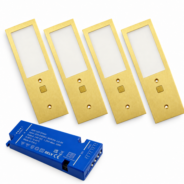 4x 24V Brass 175mm Super Slim Rectangle Surface Mounted LED Under Cabinet Light and Driver Kit, 3 White Colours