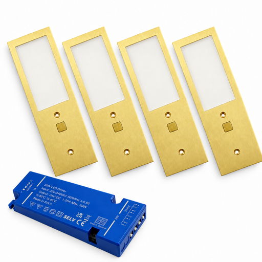 4x 24V Brass 175mm Super Slim Rectangle Surface Mounted LED Under Cabinet Light and Driver Kit, 3 White Colours