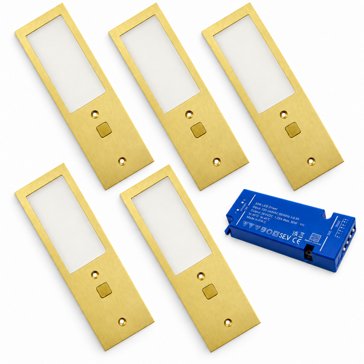 5x 24V Brass 175mm Super Slim Rectangle Surface Mounted LED Under Cabinet Light and Driver Kit, 3 White Colours