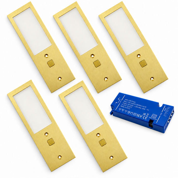 5x 24V Brass 175mm Super Slim Rectangle Surface Mounted LED Under Cabinet Light and Driver Kit, 3 White Colours