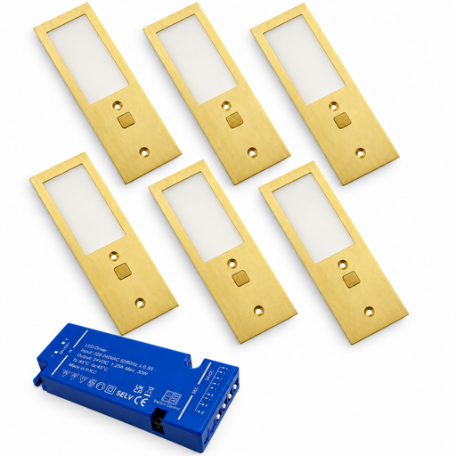 6x 24V Brass 175mm Super Slim Rectangle Surface Mounted LED Under Cabinet Light and Driver Kit, 3 White Colours