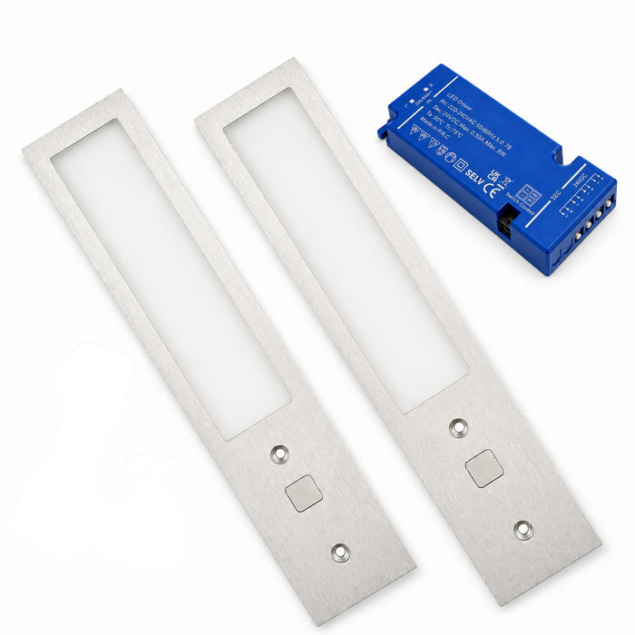 2x 24V Aluminium 200mm Super Slim Rectangle Surface Mounted LED Under Cabinet Light and Driver Kit, 3 White Colours