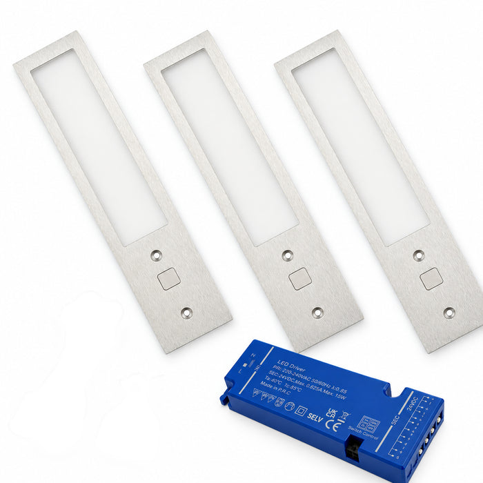 3x 24V Aluminium 200mm Super Slim Rectangle Surface Mounted LED Under Cabinet Light and Driver Kit, 3 White Colours