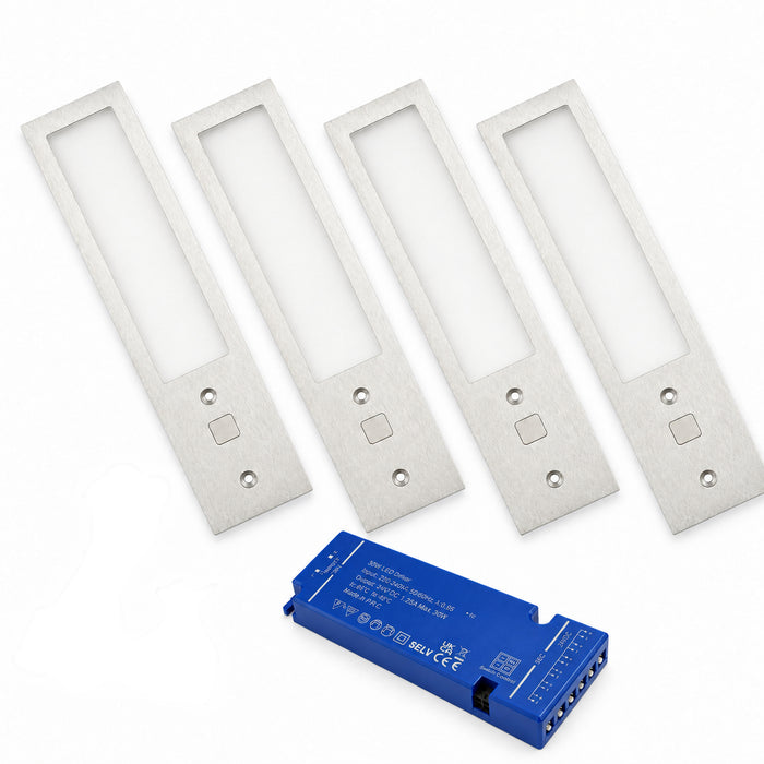 4x 24V Aluminium 200mm Super Slim Rectangle Surface Mounted LED Under Cabinet Light and Driver Kit, 3 White Colours