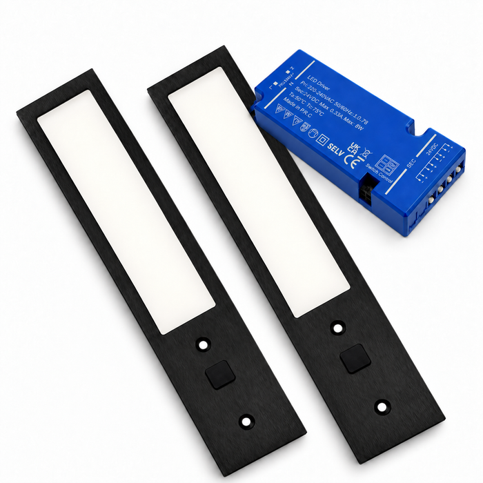 2x 24V Black 200mm Super Slim Rectangle Surface Mounted LED Under Cabinet Light and Driver Kit, 3 White Colours