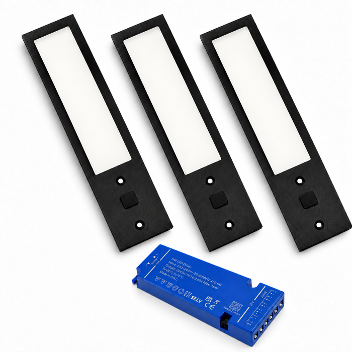 3x 24V Black 200mm Super Slim Rectangle Surface Mounted LED Under Cabinet Light and Driver Kit, 3 White Colours
