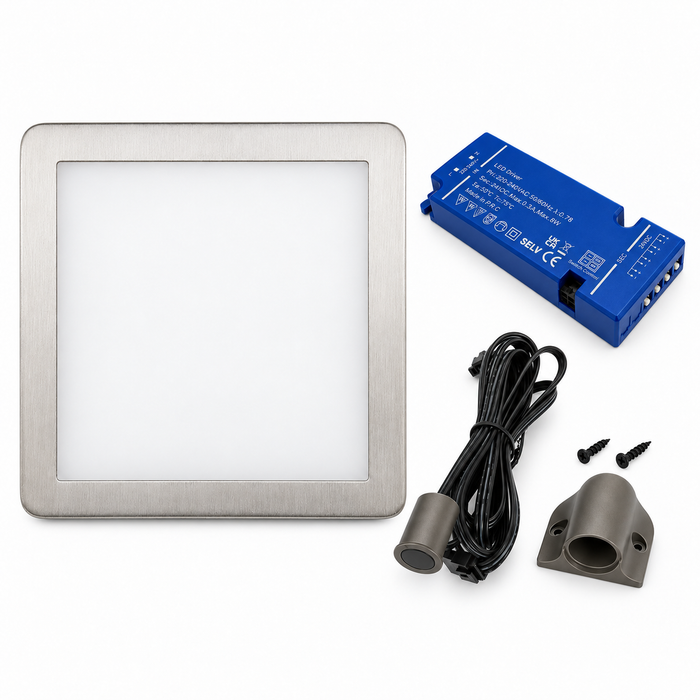 1x 24V Dimmable Aluminium Low Profile Square Surface Mounted LED Under Cabinet Light and Driver Kit, 3 White Colours