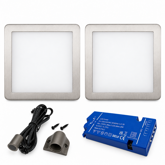 2x 24V Dimmable Aluminium Low Profile Square Surface Mounted LED Under Cabinet Light and Driver Kit, 3 White Colours