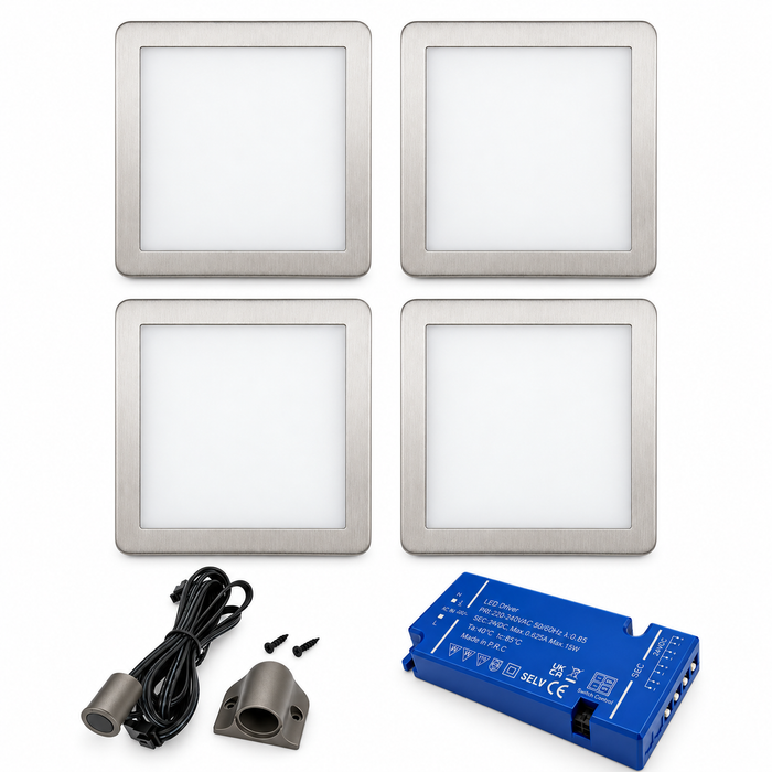 4x 24V Dimmable Aluminium Low Profile Square Surface Mounted LED Under Cabinet Light and Driver Kit, 3 White Colours