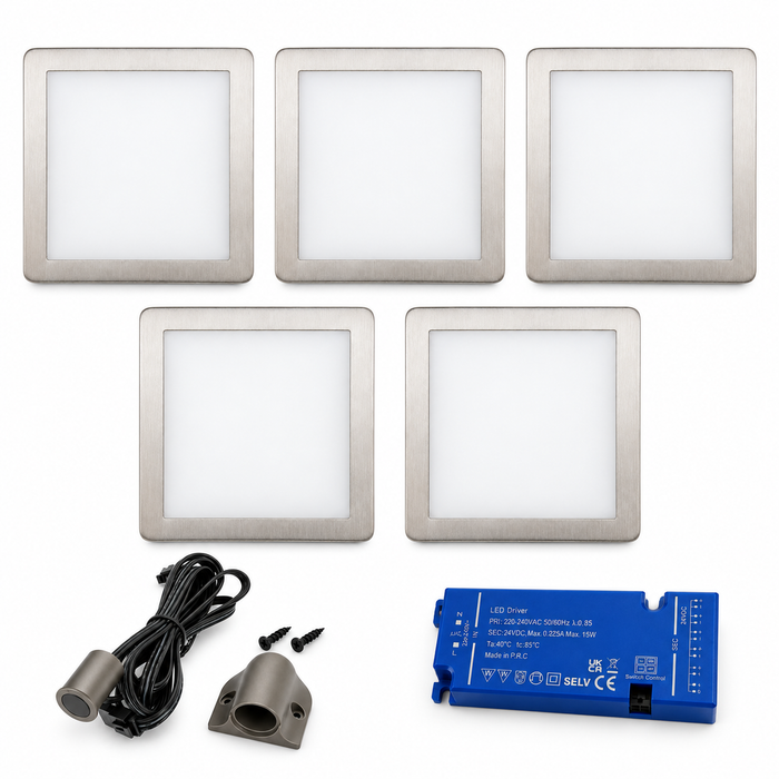 5x 24V Dimmable Aluminium Low Profile Square Surface Mounted LED Under Cabinet Light and Driver Kit, 3 White Colours